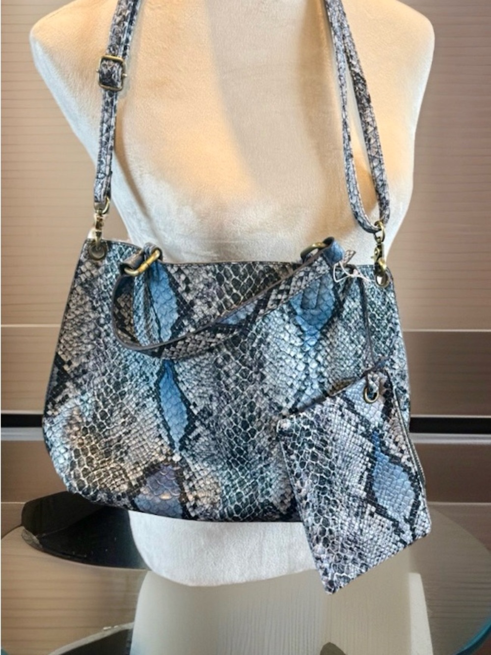 Free People Blue Snake-Print Shoulder Bag with Removable Pouch